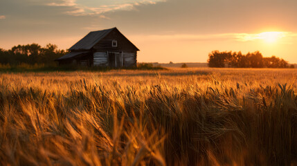 Golden Hour on the Prairie: A rustic barn stands serene amidst a vast field of golden wheat, bathed in the warm, inviting light of a setting sun.