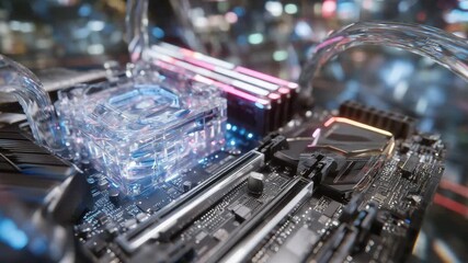 2A powerful graphics card glowing with RGB lights inside a transparent system unit, surrounded by sleek cables and metallic reflections, captured in hyperrealistic close-up detail