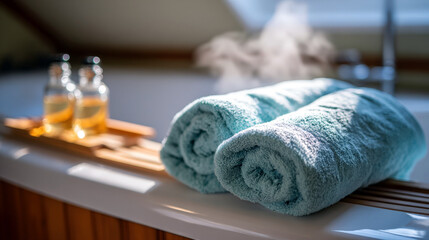 Luxurious minimalist home spa bathroom featuring glossy white soaking tub with towels and aromatherapy for relaxation