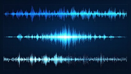 Digital interface with six waveform panels in blue, cyan, and purple. Top row shows horizontal waves; bottom row features jagged, complex patterns. Ideal for audio editing, sound analysis, or UI desig