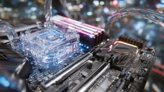 2A powerful graphics card glowing with RGB lights inside a transparent system unit, surrounded by sleek cables and metallic reflections, captured in hyperrealistic close-up detail