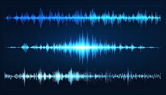 Digital interface with six waveform panels in blue, cyan, and purple. Top row shows horizontal waves; bottom row features jagged, complex patterns. Ideal for audio editing, sound analysis, or UI desig