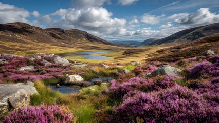 Highland moor with heather - windswept hills blanketed in purple heather, dotted with small ponds and scattered stones