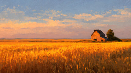 Golden Harvest: A serene landscape of a rural scene, with golden wheat fields extending to the horizon, where an old barn stands amidst the tranquility, illuminated by a warm sunrise.