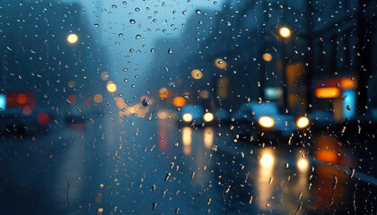 Obraz premium Rainy urban evening with cars seen through raindrop-covered window with copy space