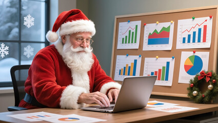 Santa claus analyzing business data in office with christmas decor - holiday marketing strategy and growth analysis for festive season planning