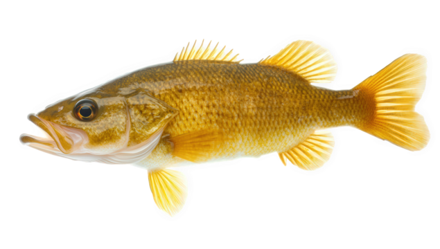A yellow smallmouth bass isolated on transparent background is swimming, showcasing its vibrant color and streamlined body shape in a clear and detailed view