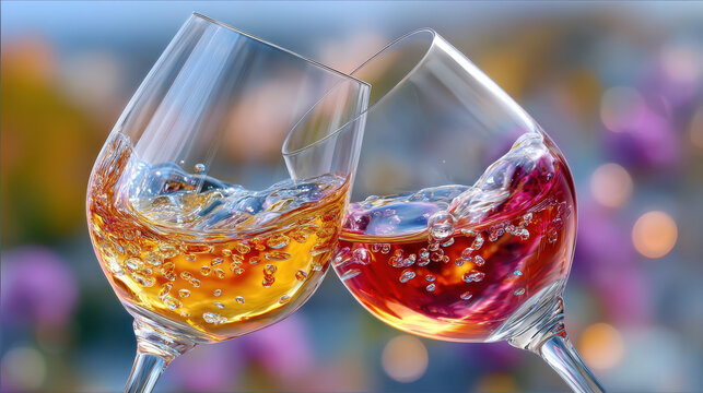 Close-up of overflowing red and white wine glasses clinking with splashes. Festive toast for events and celebrations. - Powered by Adobe
