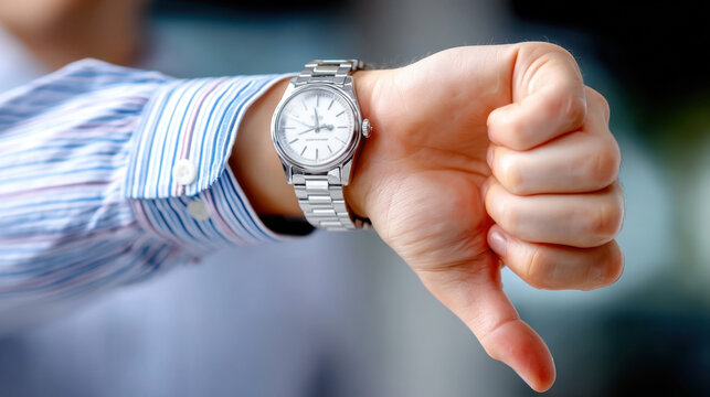 Male hand shows a thumbs down in a casual shirt, close-up. Fits topics of negative review, rejection, complaint. - Powered by Adobe