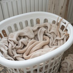 White Basket Full of Soft Blankets at Home, Lifestyle Scene, Cozy Environment, Captured from Above