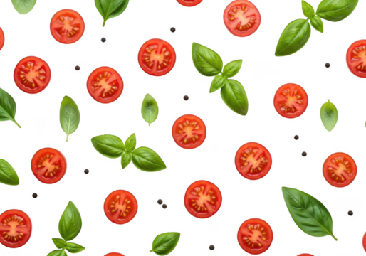 Fresh cherry tomatoes and basil leaves patterned design for culinary inspiration transparent background