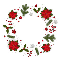 New Years wreath decorated with branches, red berries and leaves.