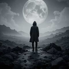 Solitary Figure Beneath a Full Moon in a Rocky Landscape at Night - Dreamy Atmosphere