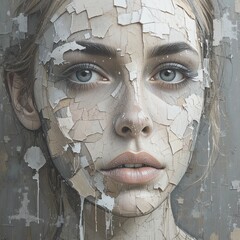 Portrait of a Young Woman with Peeling Skin, Artistic Expression, Neutral Background, Digital Art, Close-up, Emotional Depth