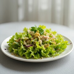 Fresh Green Salad with Herbs, Gourmet Dish, Dining Table Setting, Culinary Art, Bright Atmosphere, Top-Down View