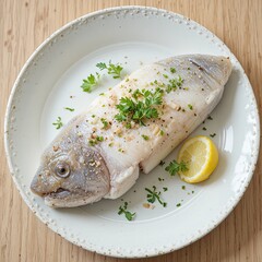 Culinary Showcase, Whole Fish Dish, Rustic Setting, Food Photography, Plated Gourmet Meal, Close-Up View, Fresh Ingredients