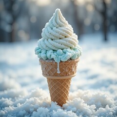 Delicious Ice Cream Cone with Dripping Frosting in Winter Wonderland Landscape