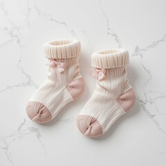 Cozy Newborn Socks on Marble Surface, Baby Apparel, Tender Moments, Stylish Design, Soft Textiles