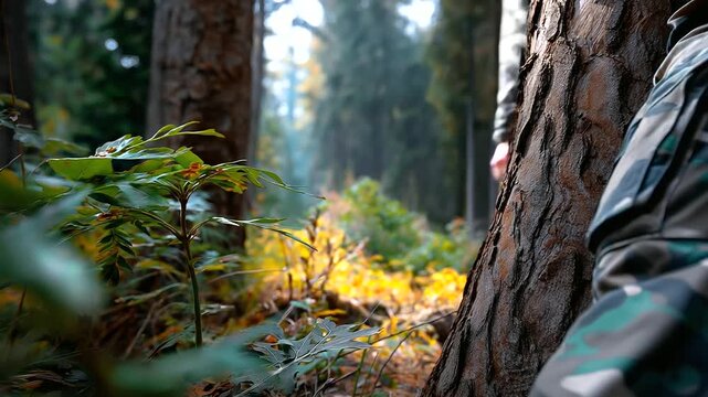 Defocused shot of camouflage patterns blending into the forest background, nature and human adaptation theme, with copy space.