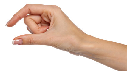 A female hand making a pinching gesture to hold a small object cut out on PNG. AI GENERATED. 