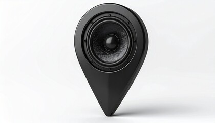 Black speaker embedded in stylized location pin shape against plain white background. Merges audio and geolocation concepts, ideal for sound mapping, tech branding, or location-based media visuals.