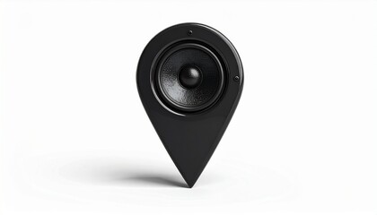 Black speaker embedded in stylized location pin shape against plain white background. Merges audio and geolocation concepts, ideal for sound mapping, tech branding, or location-based media visuals.