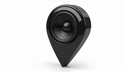 Black speaker embedded in stylized location pin shape against plain white background. Merges audio and geolocation concepts, ideal for sound mapping, tech branding, or location-based media visuals.