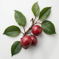 Fresh Red Apples with Green Leaves on White Background, Nature Photography, Still Life Display