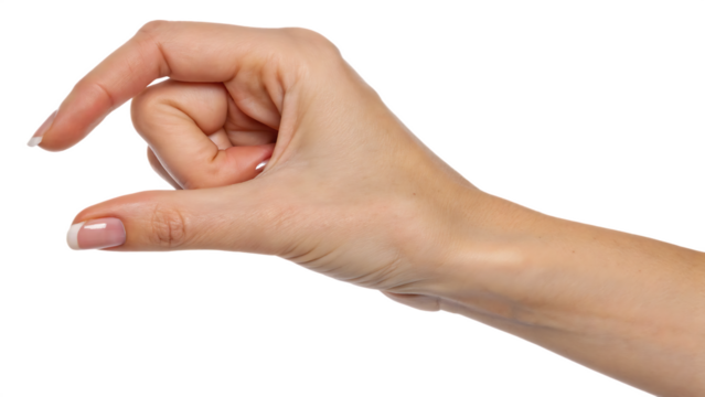 A female hand making a pinching gesture to hold a small object cut out on PNG. AI GENERATED.
