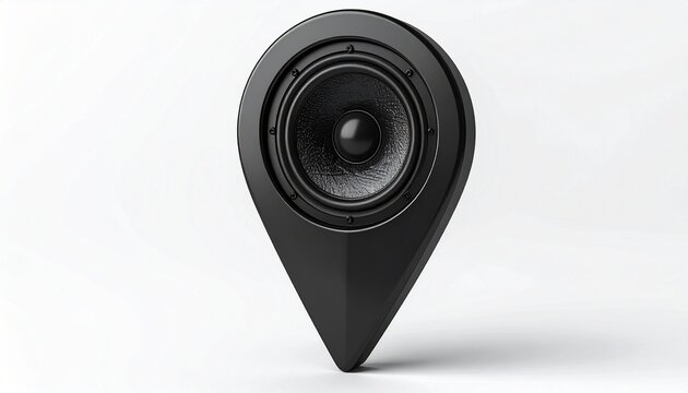 Black speaker embedded in stylized location pin shape against plain white background. Merges audio and geolocation concepts, ideal for sound mapping, tech branding, or location-based media visuals.