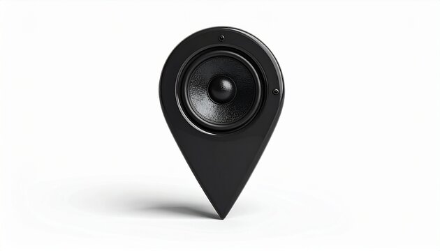Black speaker embedded in stylized location pin shape against plain white background. Merges audio and geolocation concepts, ideal for sound mapping, tech branding, or location-based media visuals.