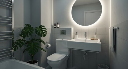 Fototapeta premium Modern bathroom interior with illuminated mirror and minimalist design