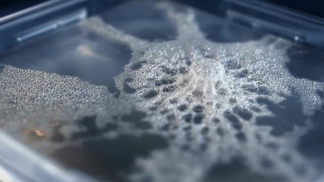 Close-up of bubble network formation in liquid inside transparent container, scientific reaction or crystallization process video footage