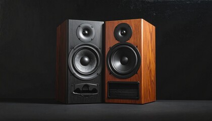 Two bookshelf speakers side by side against dark background&mdash;one matte black with bass port, one wood grain with grille. Highlights aesthetic and functional contrasts in modern audio equipment design.