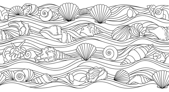 Seamless pattern with seashells and waves, black and white vector illustration