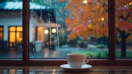 cozy peaceful atmosphere indoors with coffee steam wood table reading corner near window golden red leaves outside rainy weather fall vibe autumn rainy interior design wallpaper background