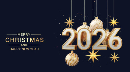 Elegant 3d illustration of the year 2026 in large, golden numbers with christmas ornaments and stars, set against a dark blue background, wishing merry christmas and happy new year