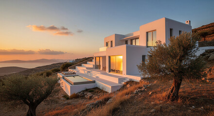 Stunning modern white villa with infinity pool on hillside overlooking sea at golden hour sunset. Perfect for luxury real estate marketing, architecture portfolios, vacation rentals, travel content