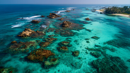 Coastal Serenity: An aerial view captures a breathtaking scene of a tropical coastline, where turquoise waters gently embrace rugged rock formations, creating a harmonious blend of nature's elements.