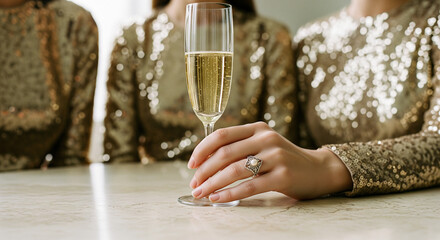 Elegant woman in gold sequin dress holding champagne flute with vintage ring in luxury setting. Perfect for New Year celebrations, party invitations, luxury lifestyle, jewelry ads, and event marketing