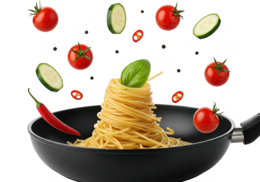 Delicious pasta dish being prepared in a wok with fresh ingredients floating overhead transparent background - Powered by Adobe