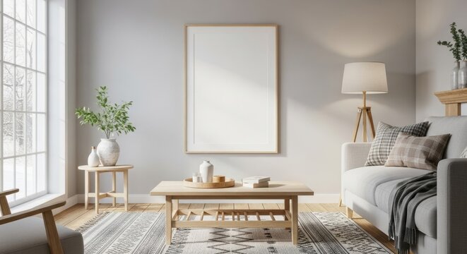 Minimalist living room interior with natural light and neutral decor