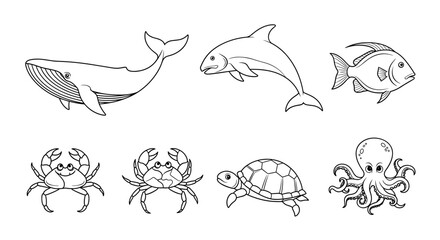 Obraz premium Collection of sea animals in line art isolated on ocean wildlife