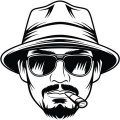 Line art reveals a stylish man wearing a hat, sunglasses and smoking a cigar
