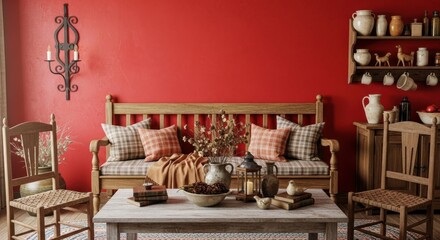 Cozy rustic living room with red accent wall and vintage wooden furniture