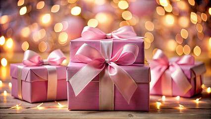 Pink gift boxes with satin ribbon bows on a wooden table under golden fairy lights bokeh, festive presents for holiday gifting and celebrations, front focus with blur and room for copy space