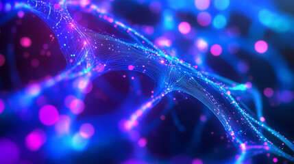 Abstract blue and purple technology background representing a neural network, big data, or digital connectivity.