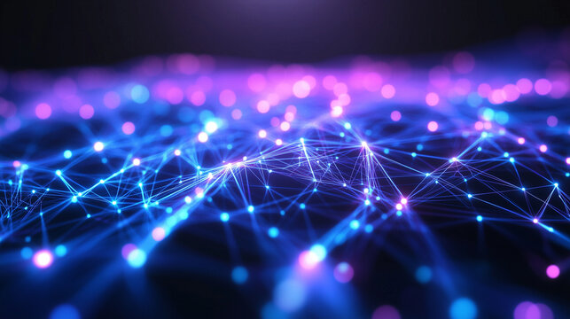 Abstract futuristic background with a glowing blue and purple network of connected nodes and particles.
