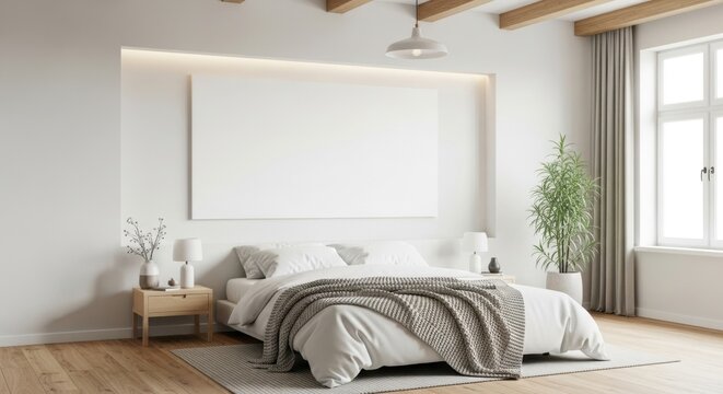 Elegant and inviting bedroom interior with a blank canvas above the bed, perfect for customization