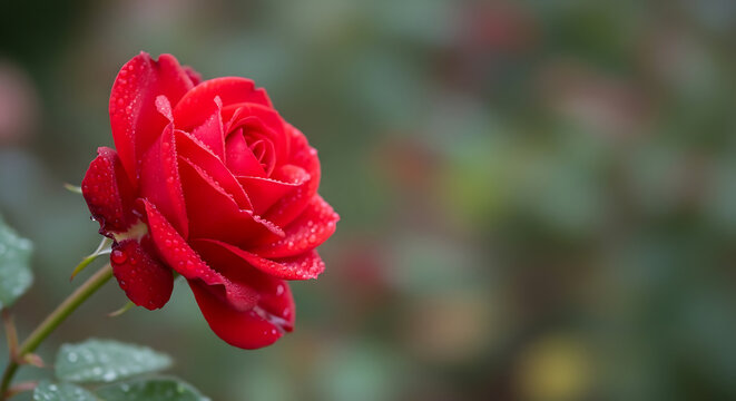 Vibrant red rose with dew drops glistening in soft garden light - Powered by Adobe